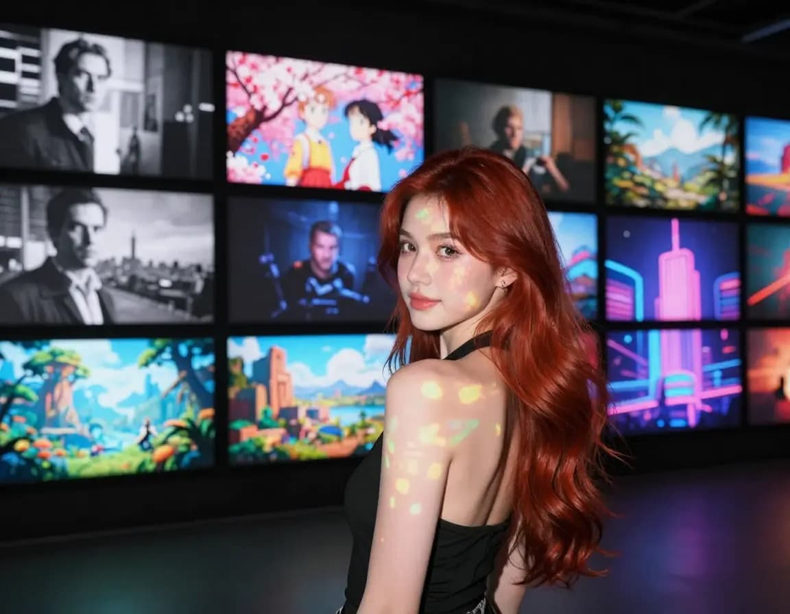 Wall of screens showing cinematic, anime, film noir and documentary visual styles for video prompts