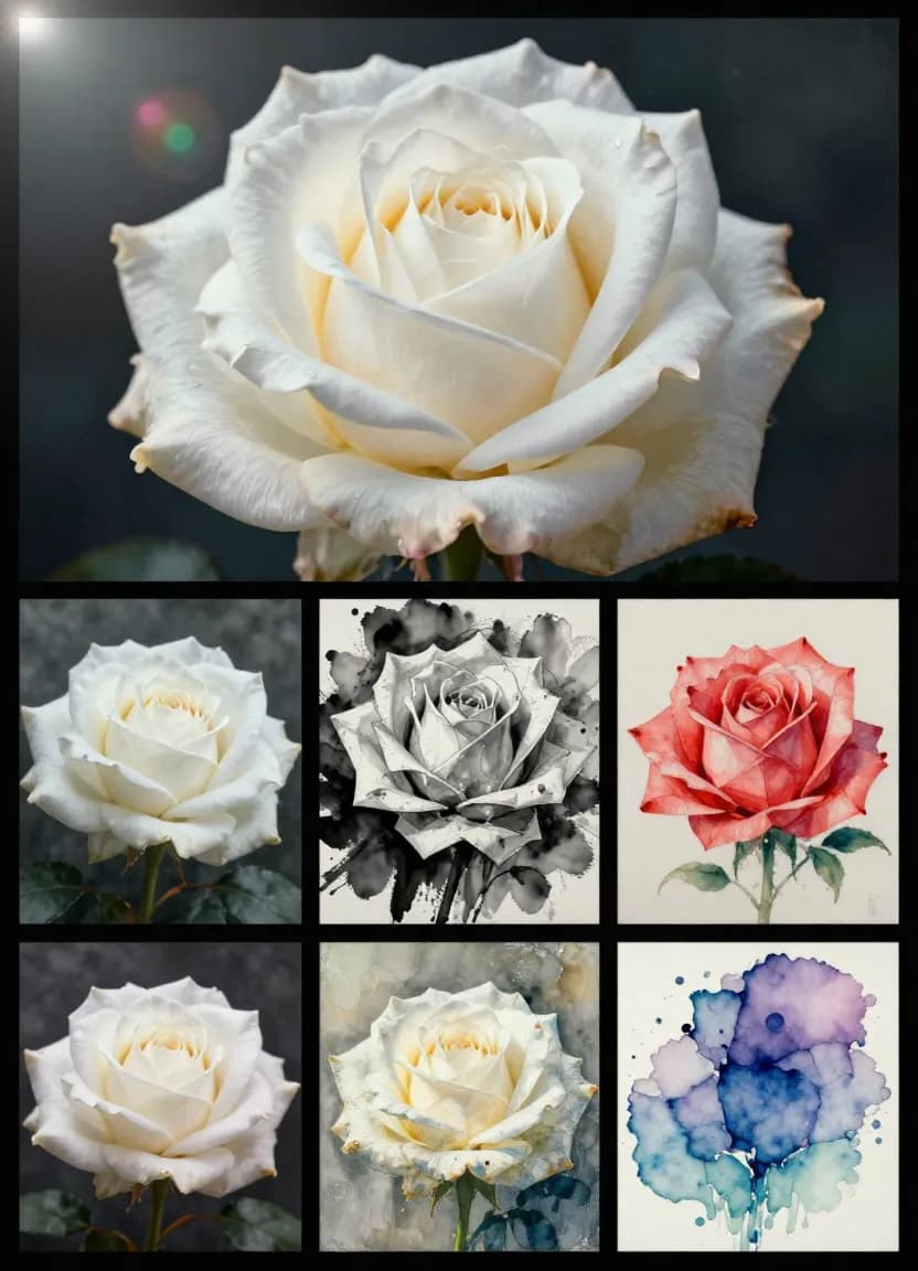 One photo rendered in multiple art styles including oil painting, watercolor, anime, and 3D render