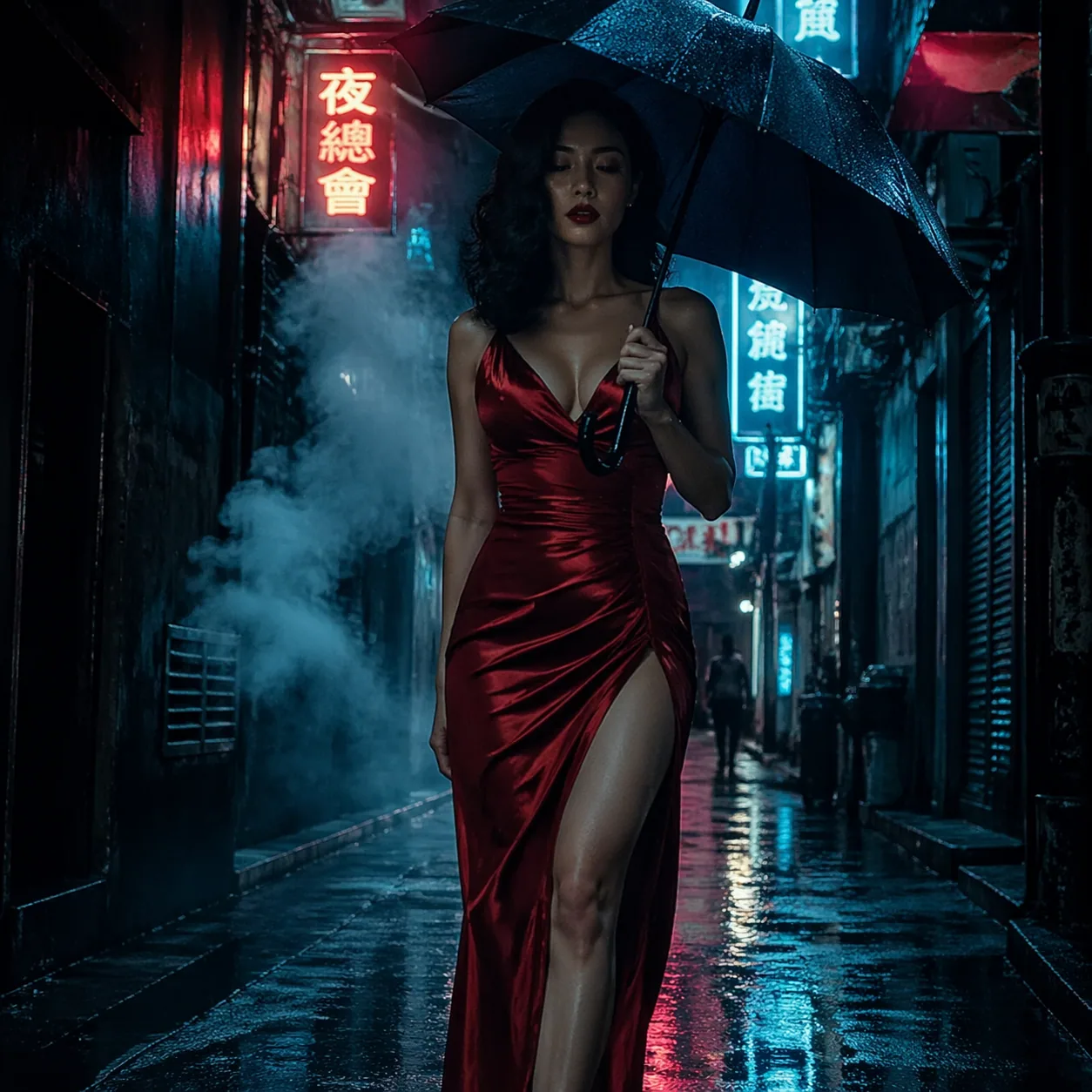 Film noir gpt image 2 prompt of femme fatale in red dress in rain-soaked Hong Kong alley