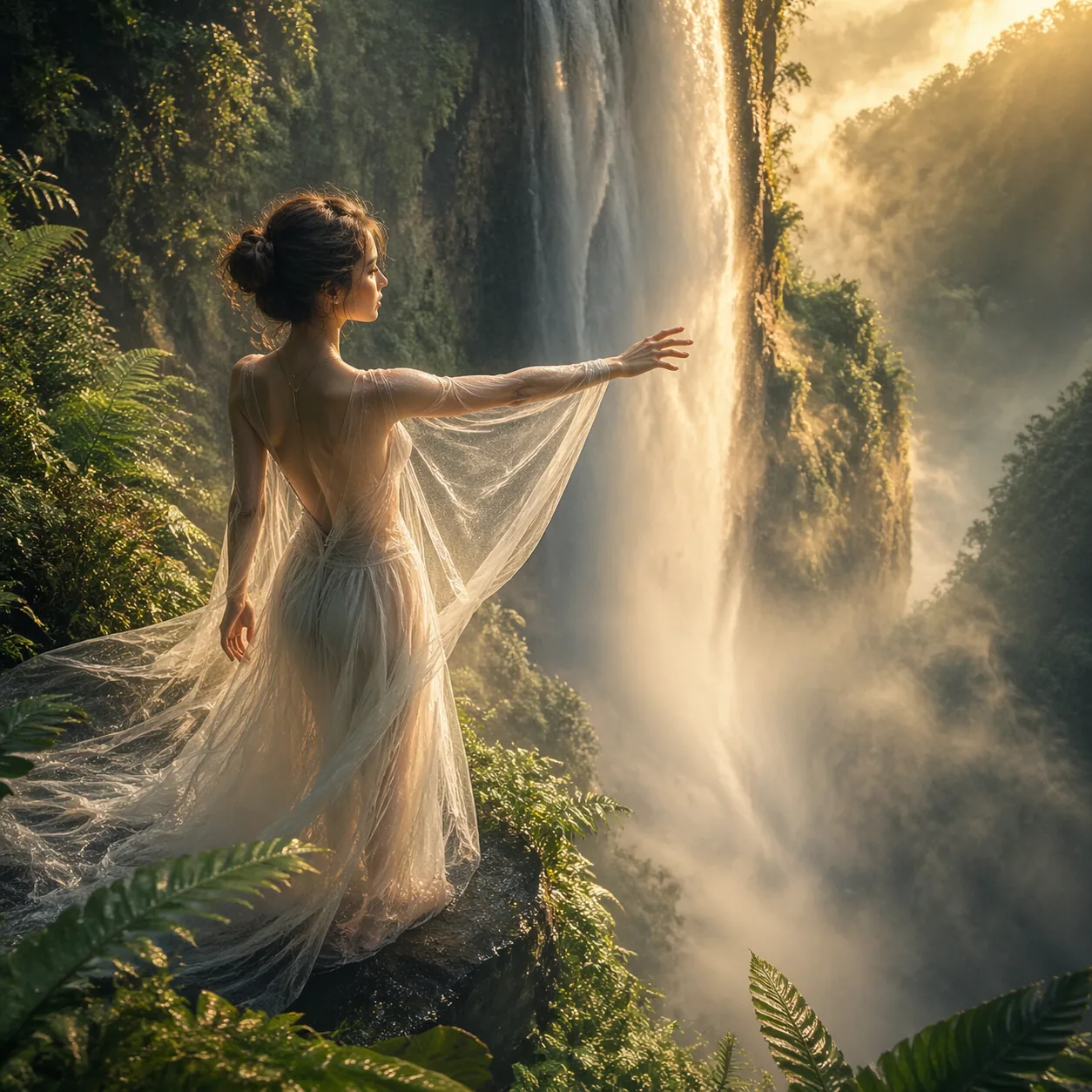 Ethereal nature gpt image 2 prompt of woman at waterfall cliff edge in mist