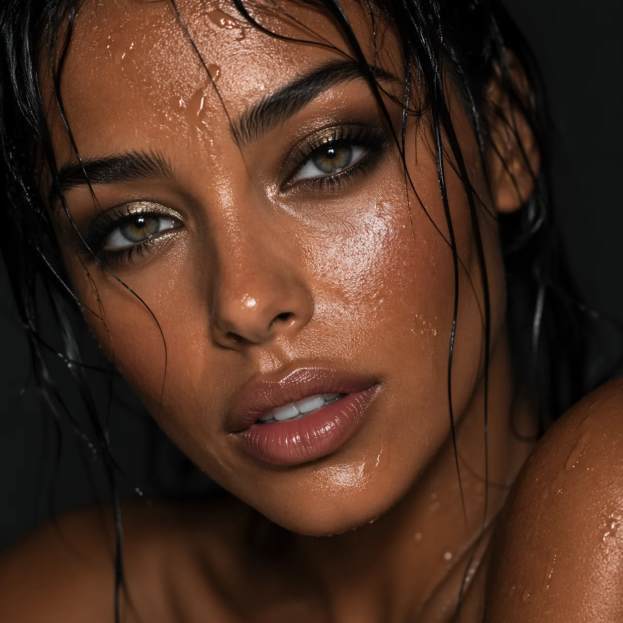 Extreme close-up gpt image 2 prompt beauty portrait with dewy skin and ring light