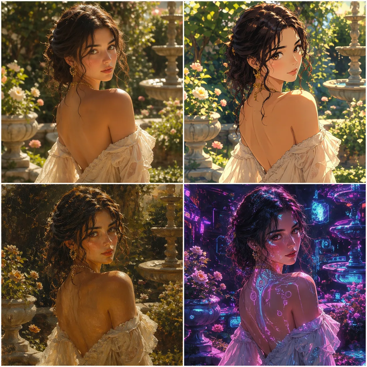 Four-panel gpt image 2 prompt comparison showing photoreal, anime, oil painting, and cyberpunk styles