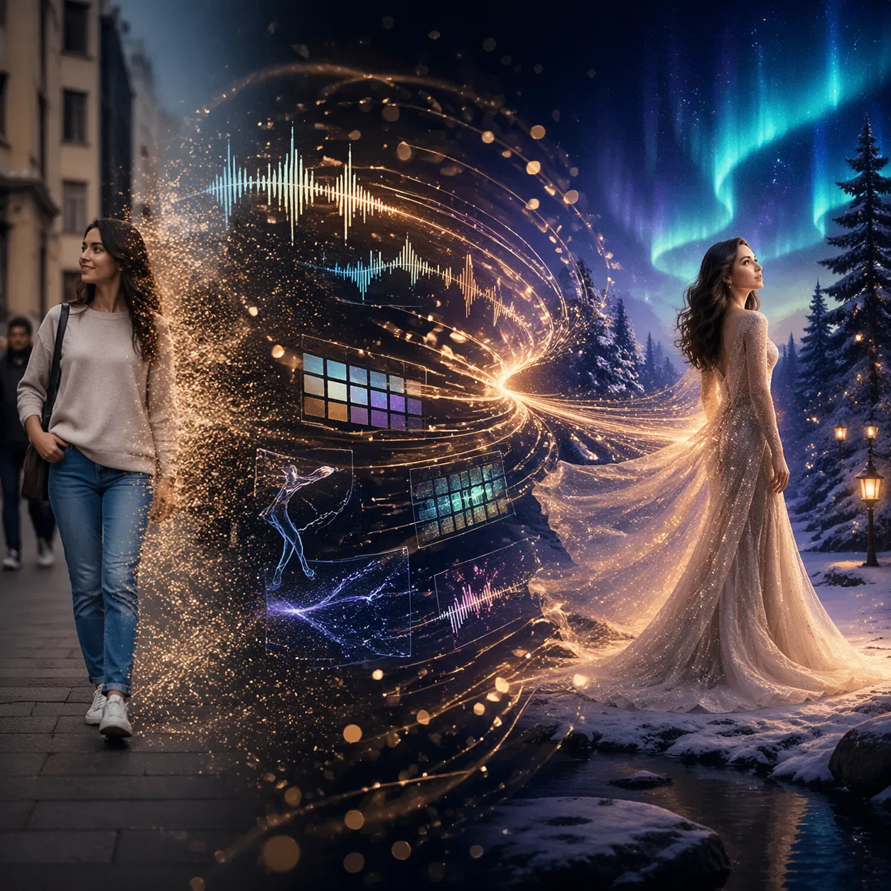 Multimodal input flow showing reference photo transformed into final cinematic render