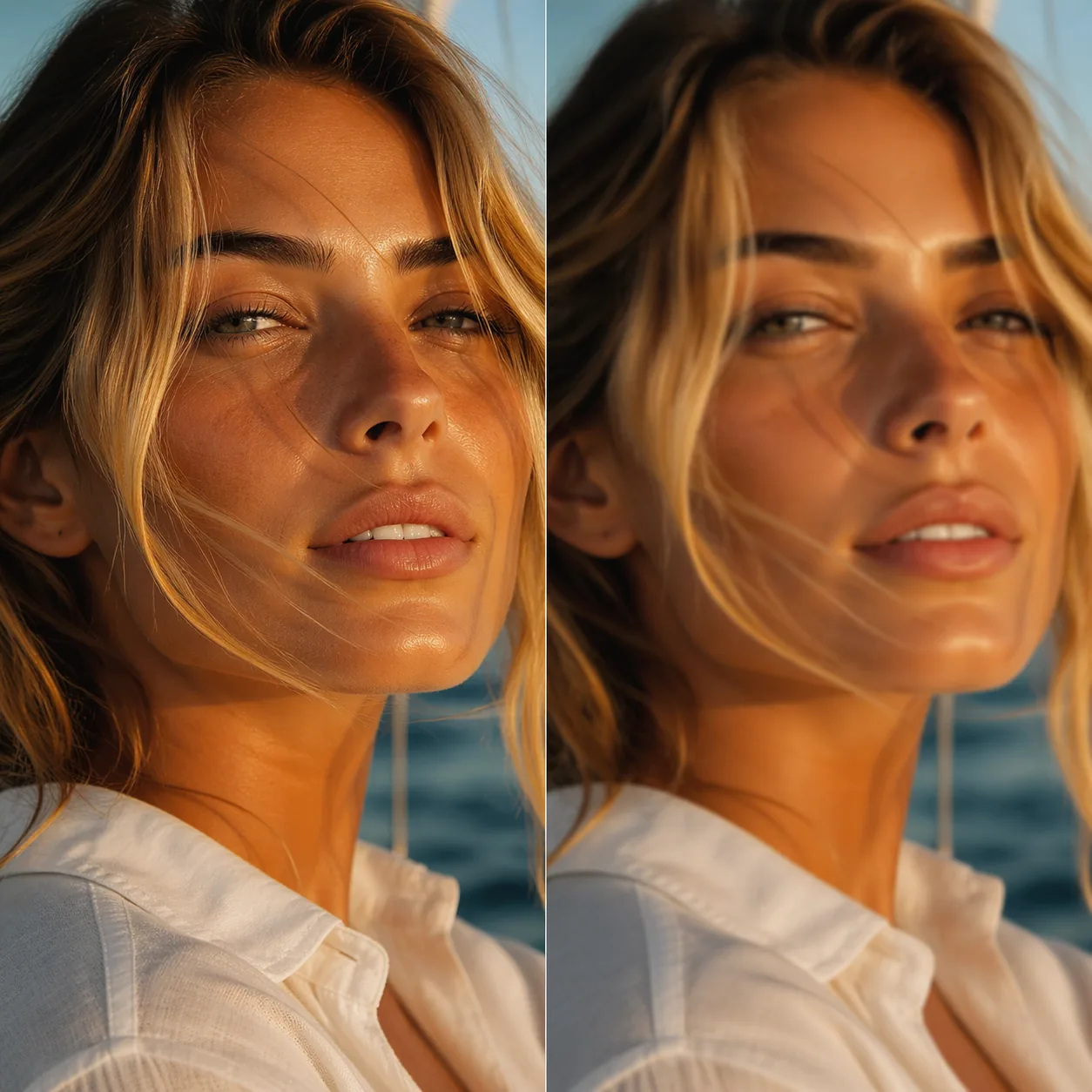 Close-up detail comparison between GPT Image 2 and Kling 2.6 showing skin texture and fabric weave