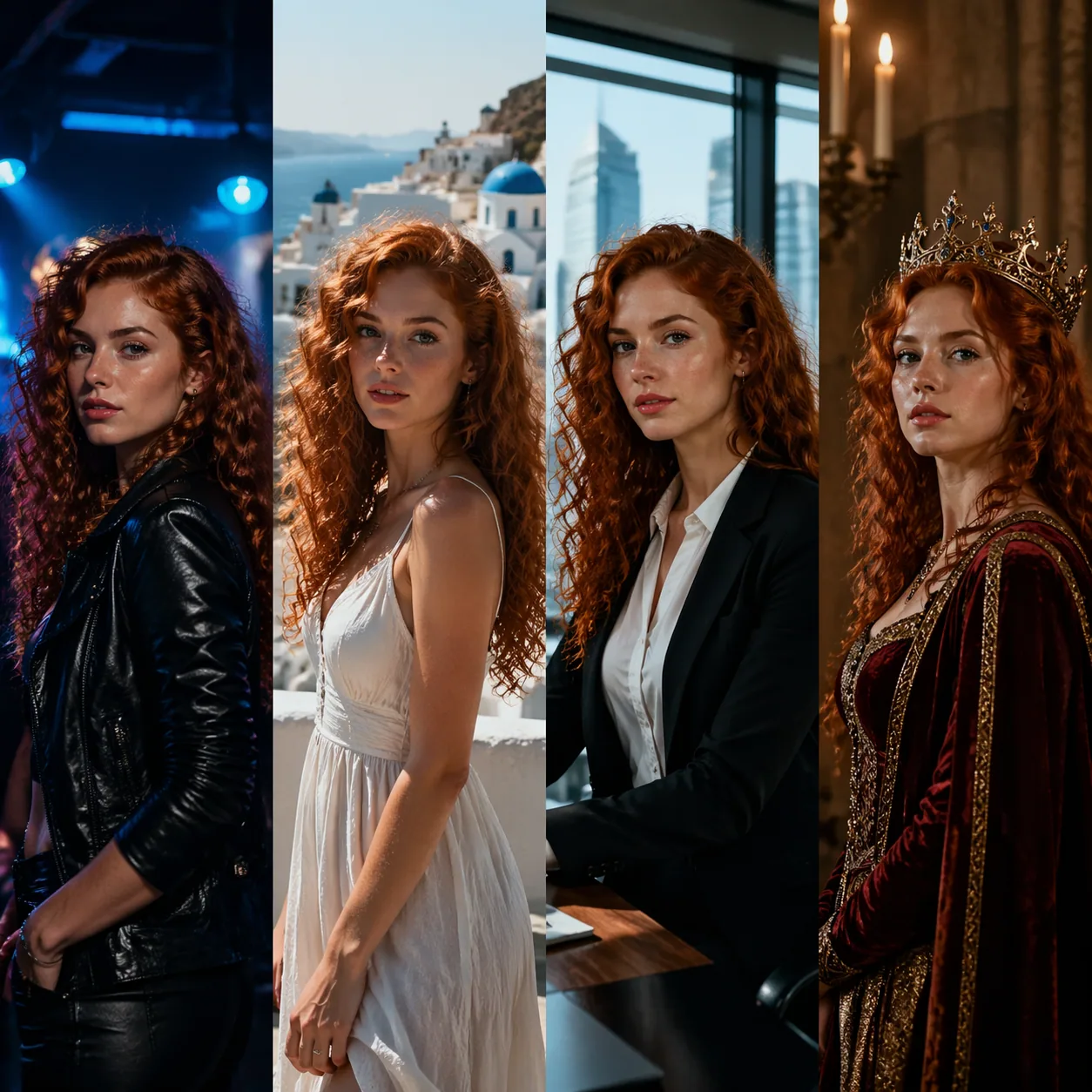 Four-panel character consistency test showing the same red-haired woman across four different GPT Image 2 generated scenes