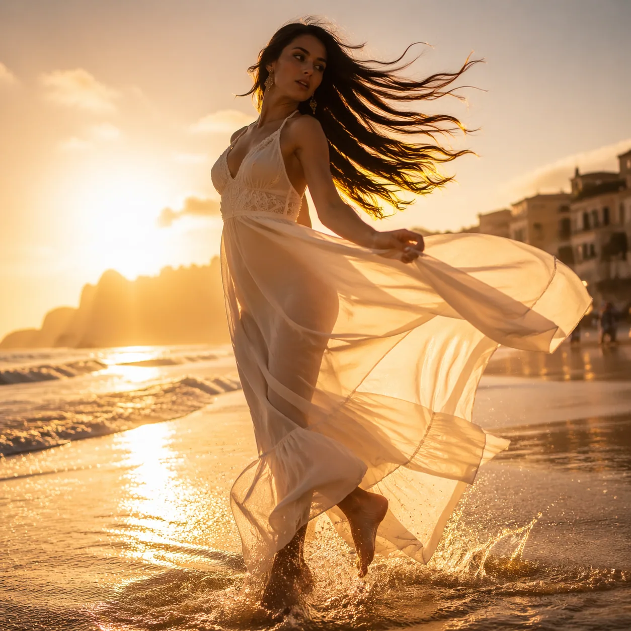 Cinematic text-to-image result generated with GPT Image 2 — woman in flowing silk on a golden-hour beach