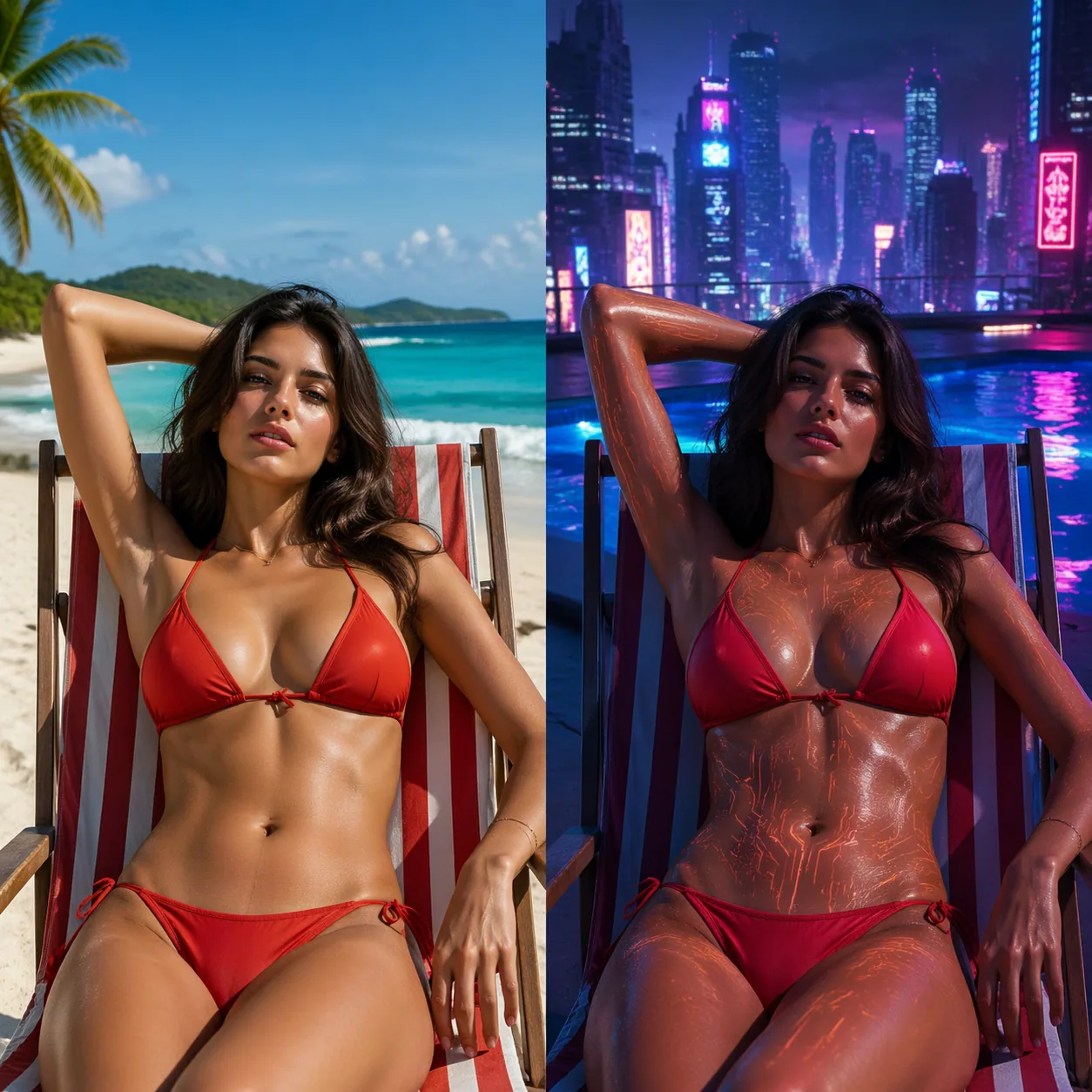 Side-by-side comparison showing photorealistic original and cyberpunk style transfer result from GPT Image 2 image-to-image